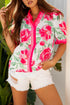 Floral Print Ruffled Puff Sleeve Crisp Cotton Blouse