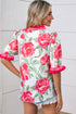 Floral Print Ruffled Puff Sleeve Crisp Cotton Blouse