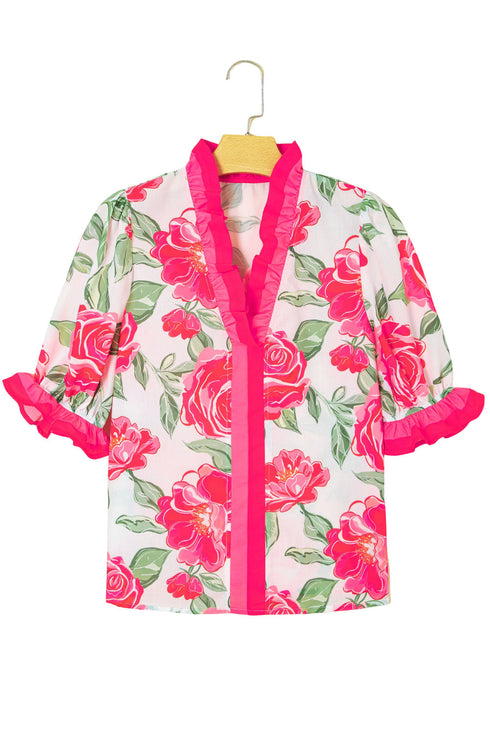 Floral Print Ruffled Puff Sleeve Crisp Cotton Blouse
