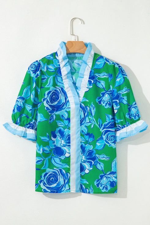 Floral Print Ruffled Puff Sleeve Crisp Cotton Blouse