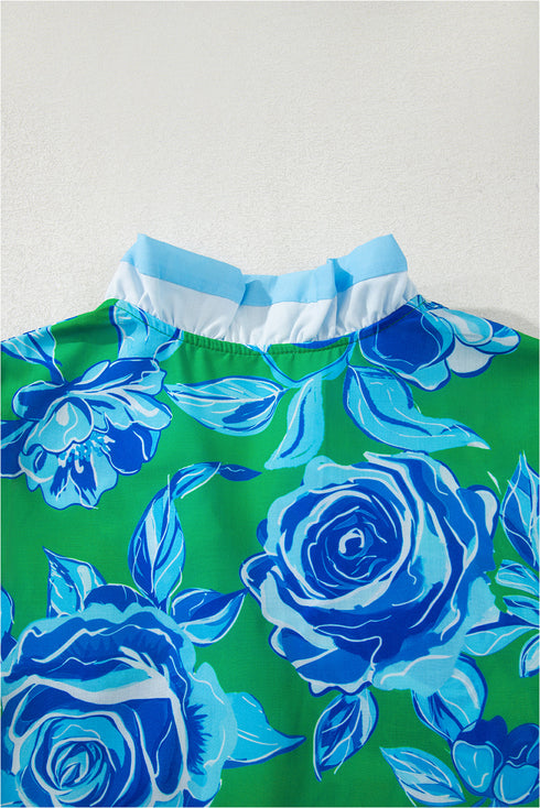 Floral Print Ruffled Puff Sleeve Crisp Cotton Blouse
