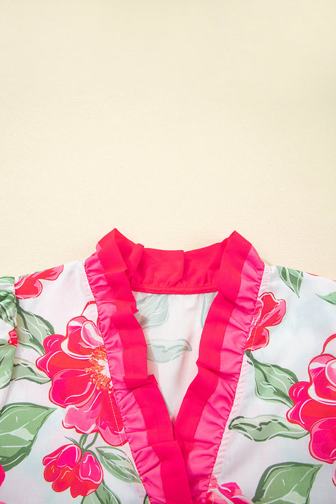 Floral Print Ruffled Puff Sleeve Crisp Cotton Blouse