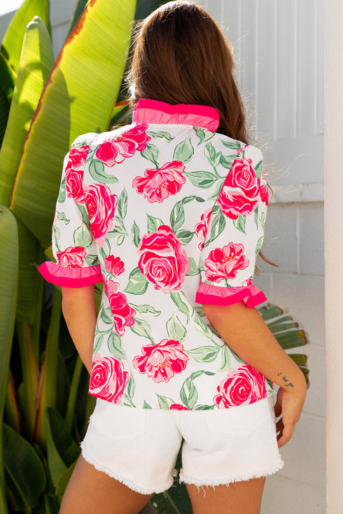 Floral Print Ruffled Puff Sleeve Crisp Cotton Blouse