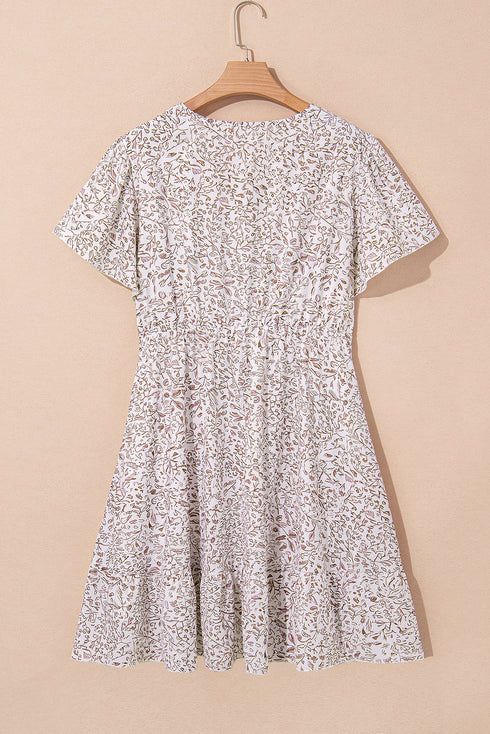 Floral Print Ruffled Short Sleeve A Line Mini Dress