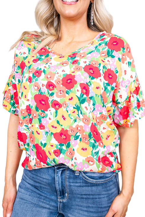 Floral Print Ruffled Short Sleeve V Neck Blouse