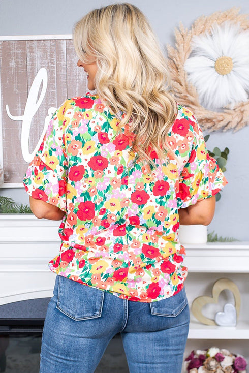 Floral Print Ruffled Short Sleeve V Neck Blouse