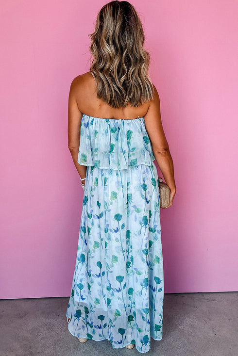 Floral Print Ruffled Side Slit Tube Top Maxi Dress