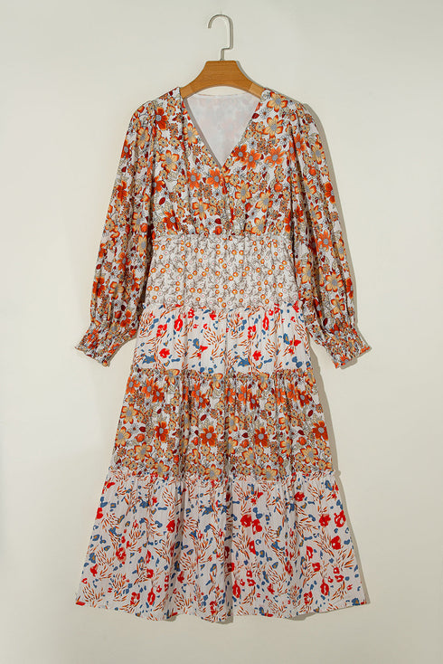Floral Print Ruffled Tiered Long Sleeve V Neck Midi Dress