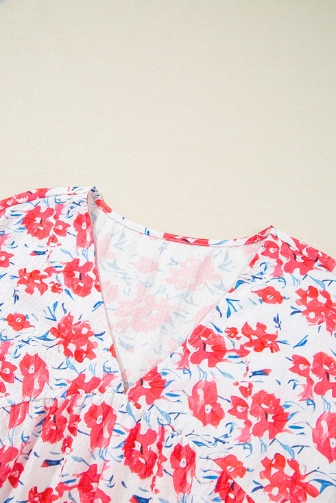 Floral Print Ruffled V Neck A Line Mini Dress