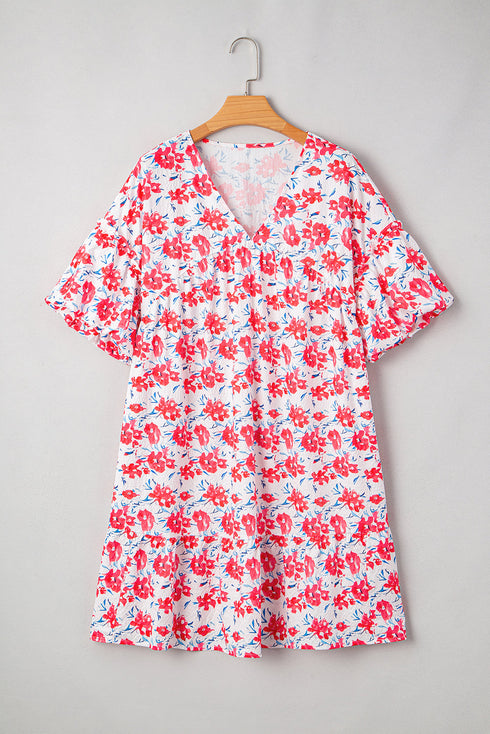 Floral Print Ruffled V Neck A Line Mini Dress