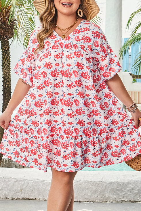 Floral Print Ruffled V Neck A Line Mini Dress