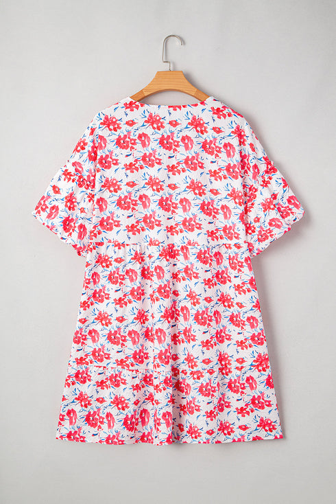 Floral Print Ruffled V Neck A Line Mini Dress