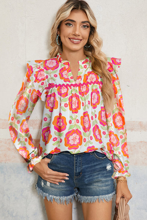 Floral Print Ruffled V Neck Long Sleeve Flowy Blouse