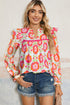 Floral Print Ruffled V Neck Long Sleeve Flowy Blouse