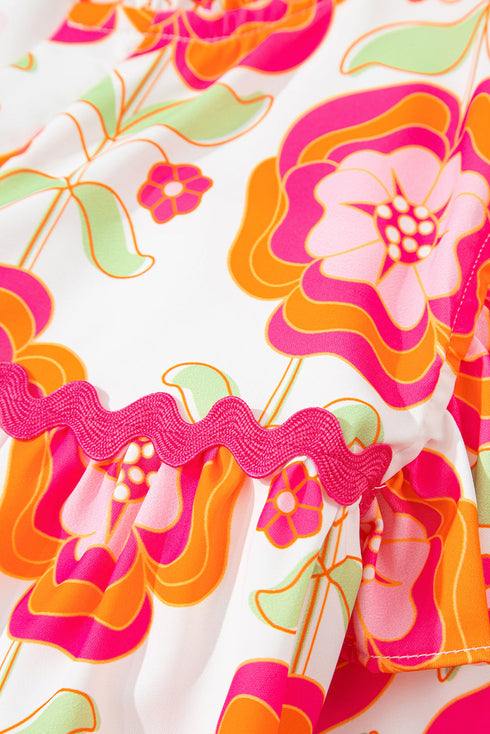Floral Print Ruffled V Neck Long Sleeve Flowy Blouse