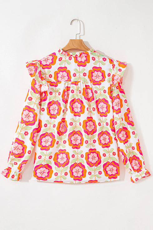 Floral Print Ruffled V Neck Long Sleeve Flowy Blouse