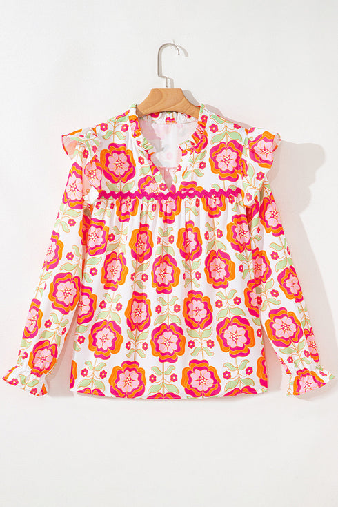Floral Print Ruffled V Neck Long Sleeve Flowy Blouse