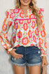 Floral Print Ruffled V Neck Long Sleeve Flowy Blouse