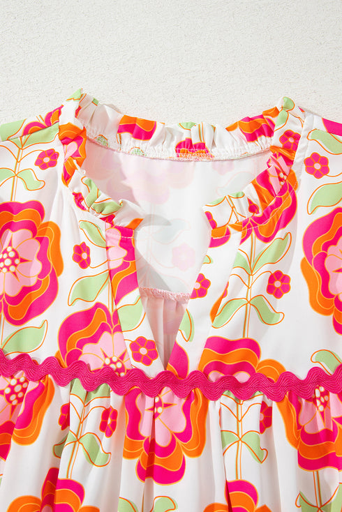 Floral Print Ruffled V Neck Long Sleeve Flowy Blouse