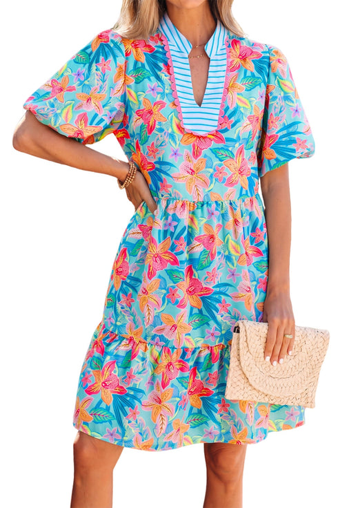 Floral Print Scallop Striped Trim V Neck Mini Dress