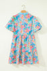 Floral Print Scallop Striped Trim V Neck Mini Dress