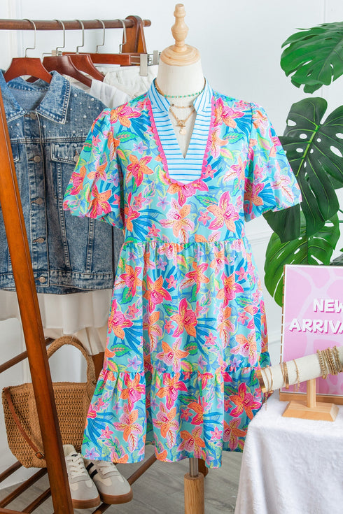 Floral Print Scallop Striped Trim V Neck Mini Dress