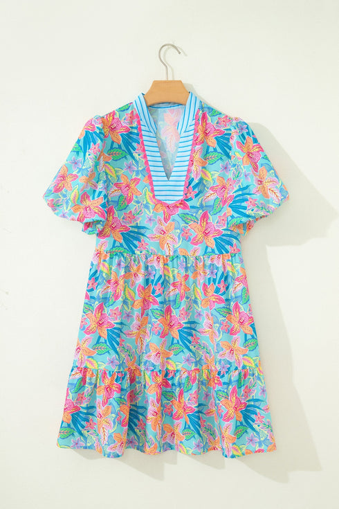 Floral Print Scallop Striped Trim V Neck Mini Dress