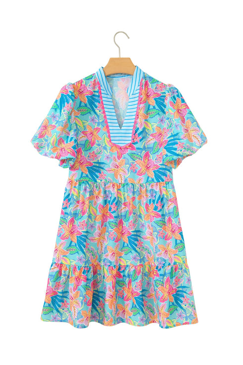 Floral Print Scallop Striped Trim V Neck Mini Dress