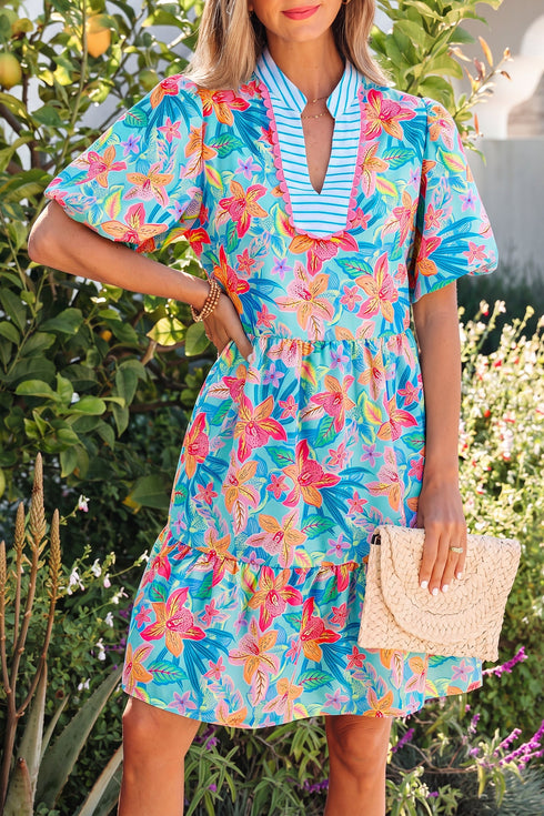Floral Print Scallop Striped Trim V Neck Mini Dress
