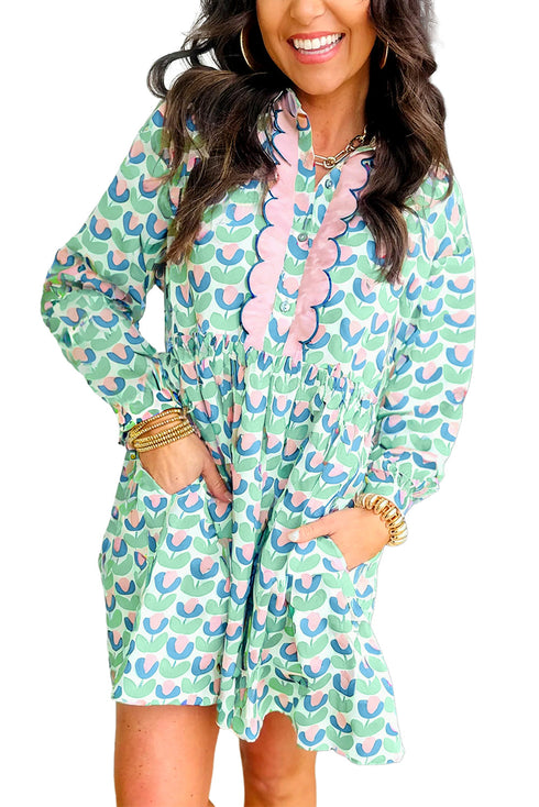 Floral Print Scalloped Notched Balloon Sleeve Tiered A-Line Mini Dress