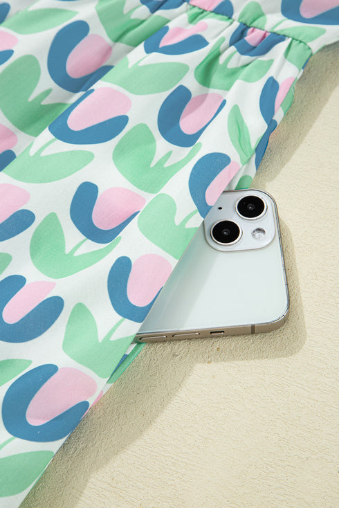 Floral Print Scalloped Notched Balloon Sleeve Tiered A-Line Mini Dress