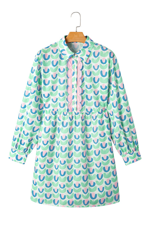 Floral Print Scalloped Notched Balloon Sleeve Tiered A-Line Mini Dress