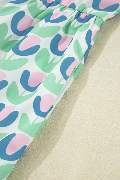 Floral Print Scalloped Notched Balloon Sleeve Tiered A-Line Mini Dress