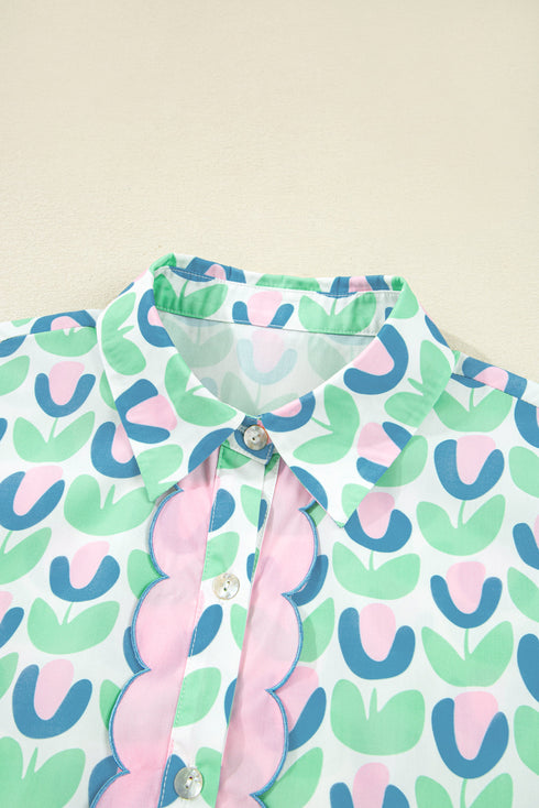 Floral Print Scalloped Notched Balloon Sleeve Tiered A-Line Mini Dress