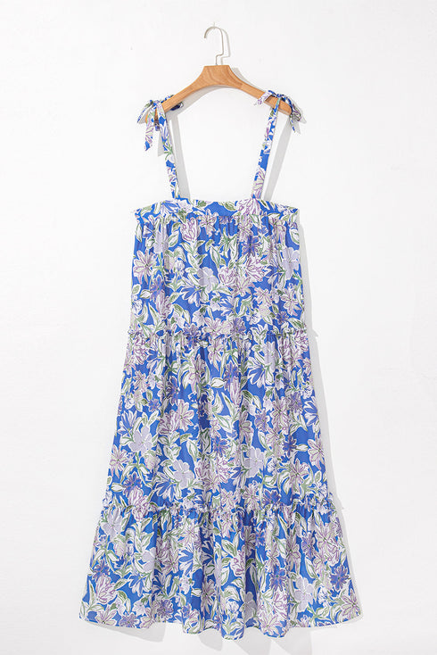 Floral Print Self-tie Straps Flowy Ruffle Long Dress