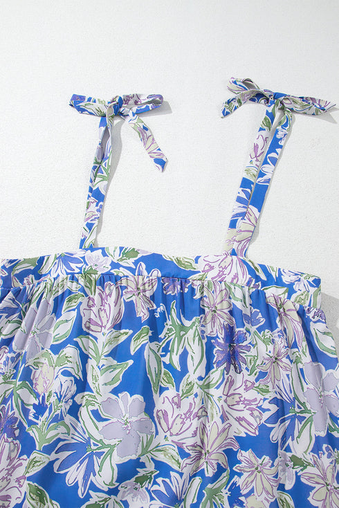Floral Print Self-tie Straps Flowy Ruffle Long Dress