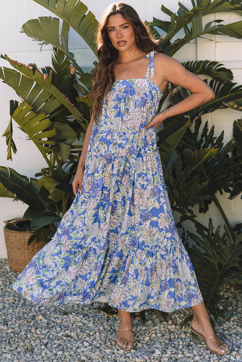 Floral Print Self-tie Straps Flowy Ruffle Long Dress