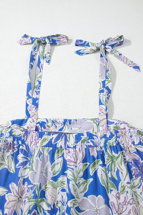 Floral Print Self-tie Straps Flowy Ruffle Long Dress