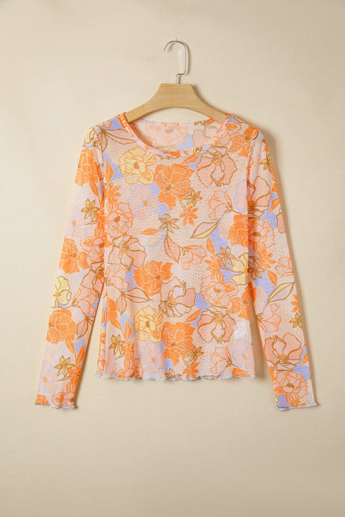 Floral Print Sheer Lettuce Trim Slim Long Sleeve Top