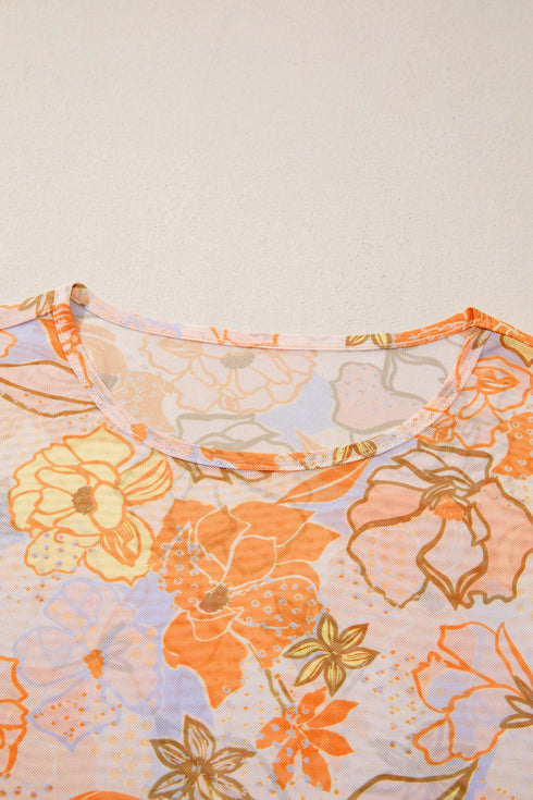 Floral Print Sheer Lettuce Trim Slim Long Sleeve Top