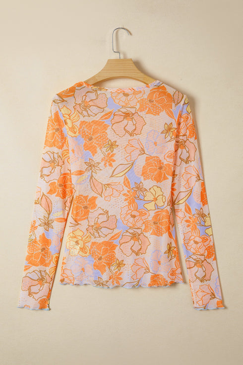 Floral Print Sheer Lettuce Trim Slim Long Sleeve Top