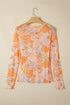 Floral Print Sheer Lettuce Trim Slim Long Sleeve Top