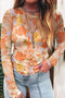 Floral Print Sheer Lettuce Trim Slim Long Sleeve Top