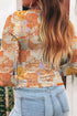 Floral Print Sheer Lettuce Trim Slim Long Sleeve Top