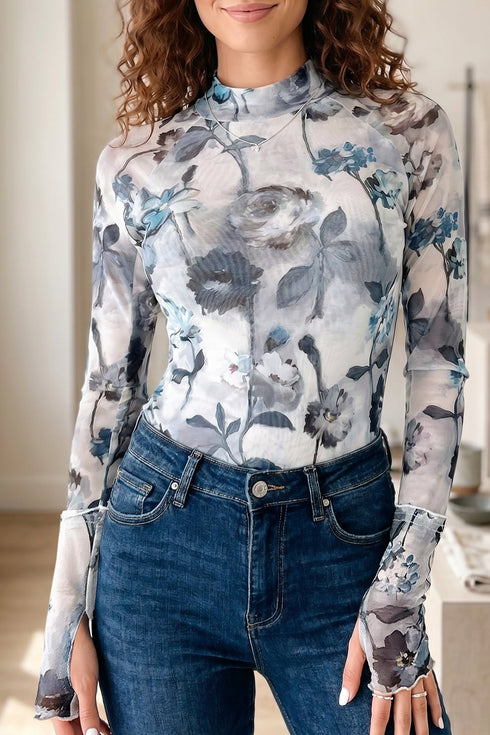 Floral Print Sheer Mesh High Neck Long Sleeve Top