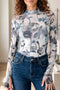 Floral Print Sheer Mesh High Neck Long Sleeve Top