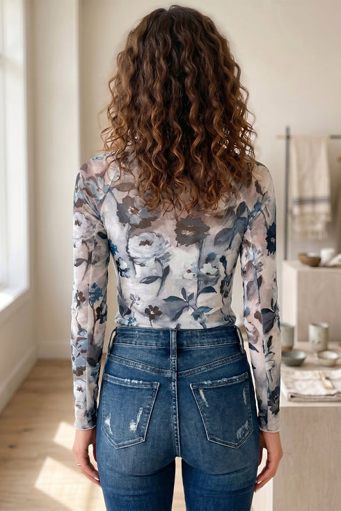 Floral Print Sheer Mesh High Neck Long Sleeve Top