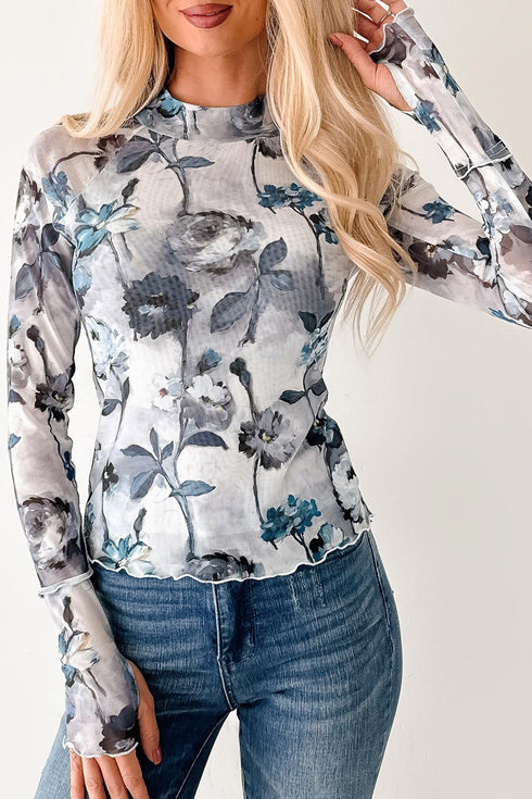 Floral Print Sheer Mesh High Neck Long Sleeve Top