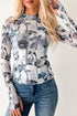 Floral Print Sheer Mesh High Neck Long Sleeve Top