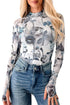 Floral Print Sheer Mesh High Neck Long Sleeve Top